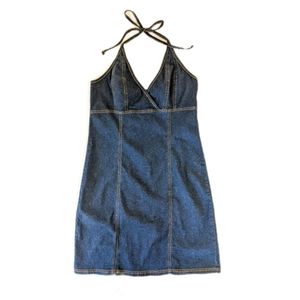 Early 2000s Dark Wash Halter Top Denim Y2K Preppy Mini Dress